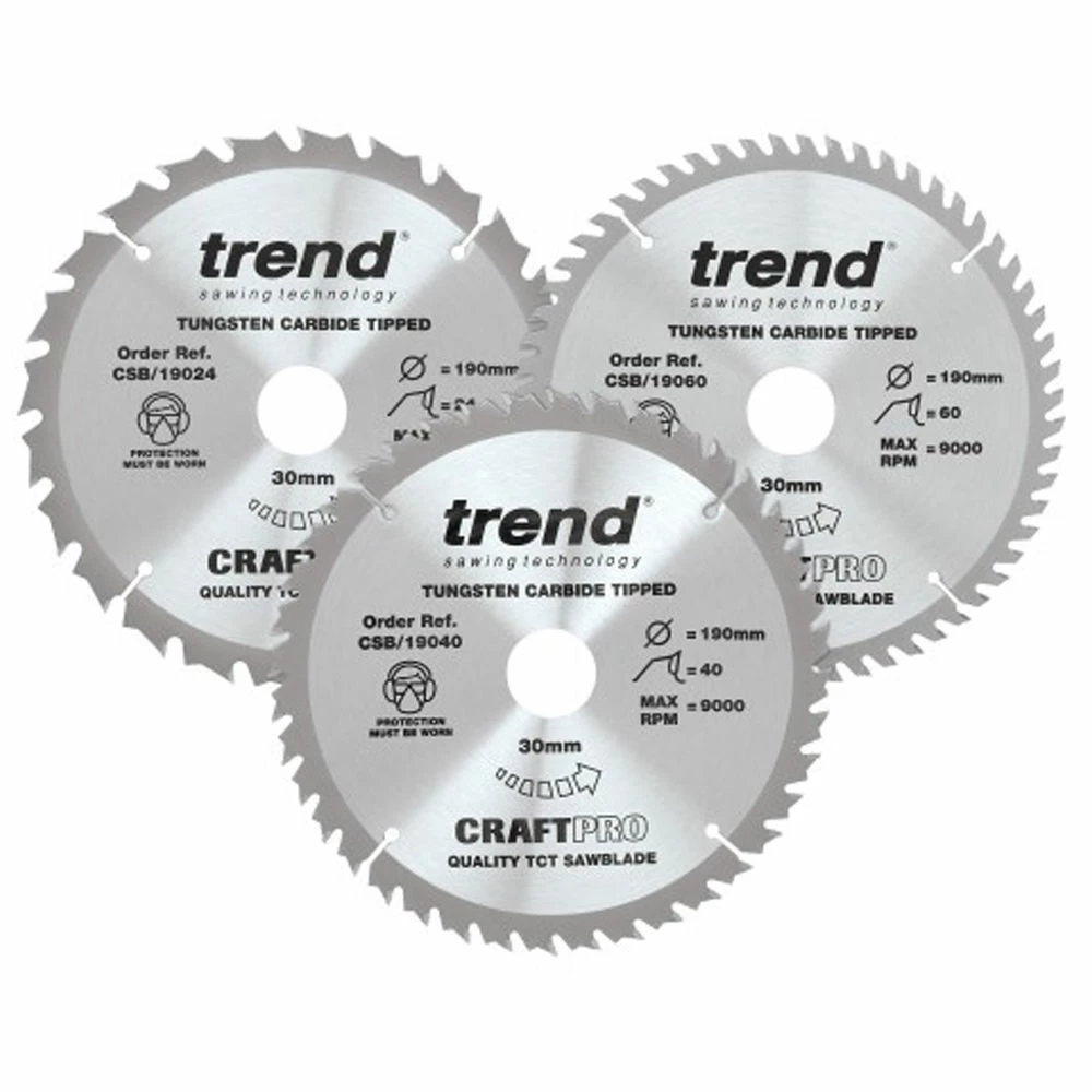 Trend 190mm Circular Saw Blades Mixed Triple Pack 24T/40T/60T 3 Trend 190mm Circular Saw Blades Mixed Triple Pack 24T/40T/60T