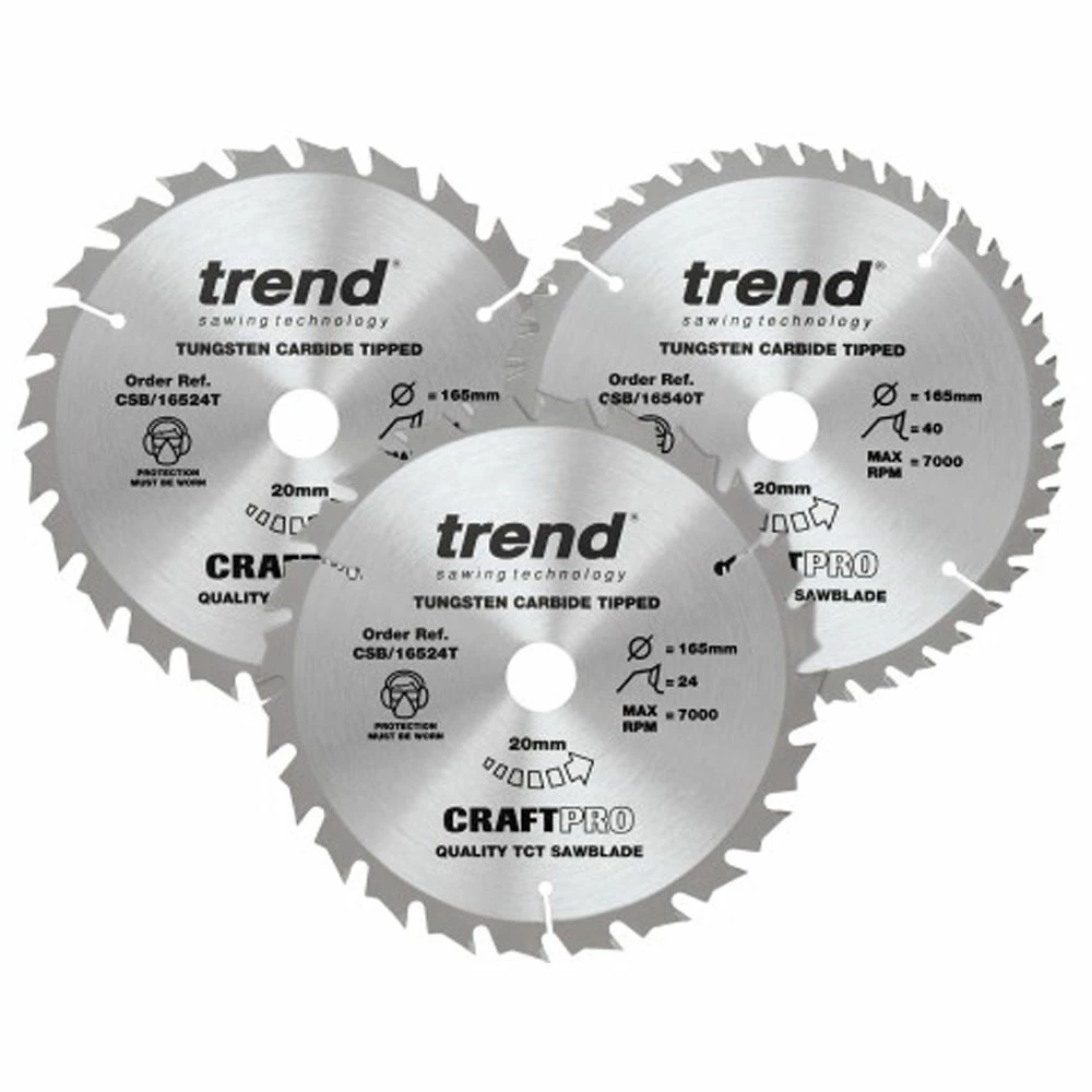 Trend 165mm Circular Saw Blade Mixed Triple Pack 2 X 24T + 1 X 40T 3 Trend 165mm Circular Saw Blade Mixed Triple Pack 2 X 24T + 1 X 40T